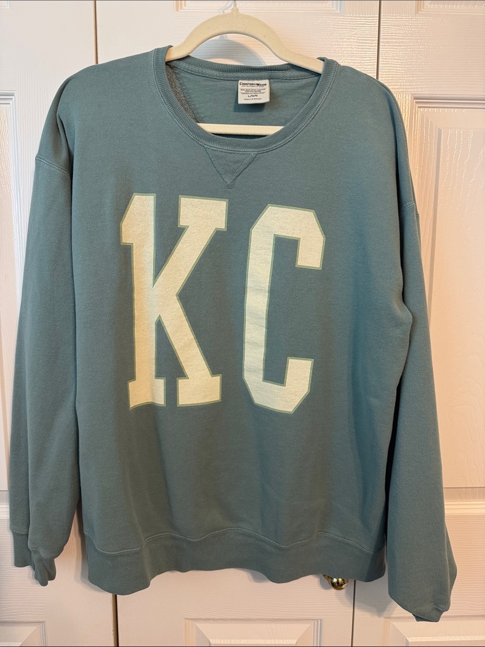 KC Crewneck Sweatshirt in Light Teal with Cream Lettering